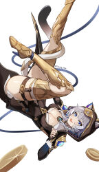 1girl absurdres animal_ear_fluff animal_ears artist_name black_leotard blue_eyes boots breasts cat_ears cat_girl cat_tail cipher_(honkai:_star_rail) coin commentary_request gold_boots gold_coin grey_hair high_heel_boots high_heels highres honkai:_star_rail honkai_(series) korean_commentary large_breasts leotard liverpool0427 long_hair looking_at_viewer mole mole_on_breast short_hair_with_long_locks simple_background solo tail thigh_boots thighs white_background