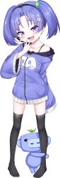 Rule 34 | 1girl, absurdres, black bra, black hairband, black thighhighs, blush, bra, collarbone, discord, fang, female focus, flat chest, frilled bra, frills, full body, hair ornament, hairband, headset, highres, hood, hooded jacket, jacket, long sleeves, looking at viewer, mesugaki, no shoes, nomorakazu, open mouth, original, personification, pigeon-toed, purple eyes, purple hair, purple jacket, short hair, simple background, single bare shoulder, skin fang, solo, spaghetti strap, standing, thighhighs, toes, transparent background, twintails, underwear, wide sleeves, wumpus