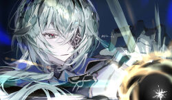 1boy anaxa_(honkai:_star_rail) aqua_hair black_gloves black_jacket blue_eyes eyepatch gloves highres honkai:_star_rail honkai_(series) jacket male_focus medium_hair one_eye_covered parted_lips qon_nn side_ponytail solo twitter_username upper_body