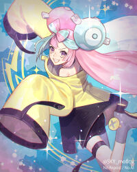 Rule 34 | 1girl, ass, black shorts, boots, bow-shaped hair, character hair ornament, commentary request, grey boots, grin, hair ornament, halterneck, happy, highres, iono (pokemon), jacket, long hair, long sleeves, multicolored hair, nintendo, pantyhose, pantyhose under shorts, pink hair, pokemon, pokemon sv, purple eyes, shorts, sky moflov, sleeves past fingers, sleeves past wrists, smile, solo, sparkle, teeth, thigh strap, twitter username, two-tone hair, yellow jacket