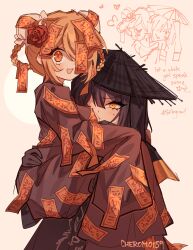 2girls :d absurdres artist_name black_hair black_hat braid braided_hair_rings bun_cover carrying carrying_person cheromo159 chinese_text commentary conical_hat don_quixote_(project_moon) double_bun e.g.o_(project_moon) english_commentary english_text flower hair_bun hair_flower hair_ornament hair_rings hashtag hat heart heishou_pack-mao_branch_(identity)_(project_moon) highres limbus_company mixed-language_text multiple_girls o3o one_eye_covered open_mouth project_moon red_flower red_sheet_(e.g.o) ryoshu_(project_moon) sidelocks sleeves_past_fingers sleeves_past_wrists smile talisman yellow_eyes