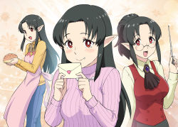 Rule 34 | 1girl, apron, black hair, blush, character request, clannad, cosplay, cosplay request, fang, furukawa sanae, glasses, handa akemi, highres, inoue kikuko, kazami mizuho, kyuuketsuki sugu shinu, letter, long hair, love letter, mature female, onegai teacher, pointer, pointy ears, ponytail, red eyes, round eyewear, simple background, sweater, ueyama michirou, vampire, voice actor connection