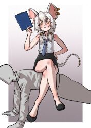 1boy 1girl absurdres anger_vein angry animal_ears blush crossed_legs eiferqimuyu exercising flat_chest grey_hair highres looking_at_viewer low_twintails mouse_ears mouse_girl mouse_girl_(wuju59) mouse_tail office_lady original pencil_skirt push-ups sitting sitting_on_person skirt tail twintails yellow_eyes