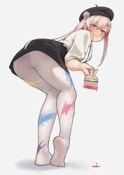 1girl absurdres aiharararara airani_iofifteen ass bent_over beret black_hat black_skirt blush bow closed_mouth feet from_behind full_body grey_background hair_between_eyes hair_bow hair_bun hair_ornament hat heel_up highres holding holding_paintbrush hololive hololive_indonesia legs long_hair looking_at_viewer miniskirt paintbrush panties panties_under_pantyhose pantyhose pink_hair purple_eyes shadow shirt simple_background skirt smile soles solo toes underwear virtual_youtuber white_panties white_pantyhose white_shirt