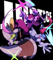 1boy 2girls armlet armor axe bracelet deltarune eyepatch facial_hair fangs fingernails gerson glowing glowing_weapon goatee hammer highres holding holding_axe holding_hammer holding_polearm holding_weapon jewelry kanianoreki multiple_girls pointing polearm ponytail purple_hair red_hair reptile_girl sharp_fingernails sharp_teeth spear spiked_armlet spiked_bracelet spikes susie_(dark_world)_(deltarune) susie_(deltarune) teeth turtle_boy undertale undyne weapon