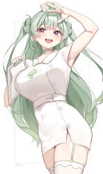 1girl absurdres alternate_costume arm_up blush breasts clipboard cloba dress garter_straps goddess_of_victory:_nikke green_hair hat highres holding holding_clipboard large_breasts long_hair looking_at_viewer nurse nurse_cap purple_eyes short_sleeves simple_background smile soda_(nikke) solo thighhighs thighs very_long_hair white_dress