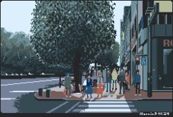 6+boys 6+girls animated animated_gif black_hair blue_hair brown_hair city crosswalk minivan motocross_saito motor_vehicle multiple_boys multiple_girls original outdoors pixel_art skirt standing traffic_light tree