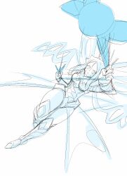 1girl armor armored_boots armored_gloves armored_leotard boots breasts butterfly_wings catching digimon digimon_(creature) female_focus flying fur_collar high_heels highres hudiemon insect_wings leotard long_hair looking_up medium_breasts ph6xeivbgpimggg shoulder_armor skirt solo solo_focus wings