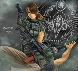 1boy 1girl absurdres ak-74m ammunition_pouch assault_rifle badge camouflage digital_camouflage glock gloves gun handgun highres jpc kalashnikov_rifle mask military original pistol ponytail pouch republic_of_china_flag rifle scarf scope t91_assault_rifle taiwan weapon weapon_request