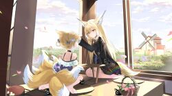 2girls absurdres animal_ears arknights blonde_hair fox_ears fox_girl fox_tail highres incredibly_absurdres kitsune kyuubi mother_and_daughter multiple_girls multiple_tails sitting suzuran_(arknights) tail vulpisfoglia_(arknights) weeyi_33929439