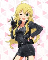 1girl belt blonde_hair card_(medium) gloves green_eyes hoshii_miki idolmaster idolmaster_million_live! idolmaster_million_live!_theater_days jewelry necklace official_art one_eye_closed open_mouth solo usb zipper