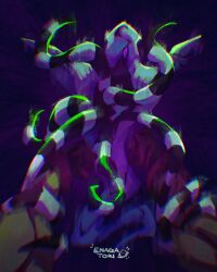 2boys absurdres ben_10 bright_pupils chromatic_aberration claws dark enagatori_38 from_below ghost ghostfreak glowing glowing_eyes highres looking_at_viewer looking_down multiple_boys no_humans pov purple_background purple_eyes purple_theme signature solo tentacles vilgax