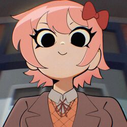 1girl blurry blurry_background bow brown_jacket brown_vest collared_shirt doki_doki_literature_club grey_shirt hair_bow highres jacket looking_at_viewer pink_hair portrait red_bow sayori_(doki_doki_literature_club) school_uniform scott_pilgrim_(series) scott_pilgrim_takes_off shirt short_hair smile solo vest wormygums