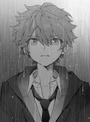 1boy akehoshi_subaru closed_mouth ensemble_stars! gradient_background greyscale hair_between_eyes hatching_(texture) highres jacket linear_hatching looking_at_viewer maki_keigo male_focus monochrome necktie rain short_hair solo upper_body