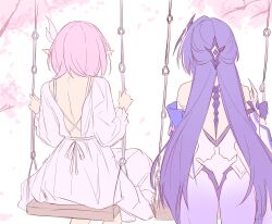 Rule 34 | 2girls, acheron (honkai: star rail), armor, back, bare shoulders, cherry blossoms, coat, commentary, cyrene (honkai: star rail), dress, english commentary, from behind, hair ornament, highres, honkai: star rail, honkai (series), long hair, median furrow, medium hair, multiple girls, on swing, pink hair, pointy ears, purple hair, samlatte, shoulder armor, swing, swinging on swing, very long hair, white coat, white dress