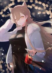 1girl absurdres alcohol animal_ear_piercing animal_ears aoi_tooru arknights asymmetrical_bangs asymmetrical_hair belt belt_buckle black_nails blurry blurry_background braid braided_ponytail breasts brown_belt brown_corset brown_dress buckle chromatic_aberration cinnamon_stick closed_mouth commentary commentary_request corset cowboy_shot cup depth_of_field dress drink drinking_glass earrings english_commentary extra_ears eyelashes fingernails floating_hair food from_side fruit fur-trimmed_jacket fur_trim glass gluhwein hair_between_eyes hair_ornament hairclip hand_in_own_hair hand_up high_collar highres holding holding_cup holding_drink index_finger_raised jacket jewelry large_breasts layered_sleeves lemon lemon_slice light_brown_hair light_smile lips long_bangs long_dress long_fingernails long_hair long_sleeves looking_at_viewer looking_to_the_side mixed-language_commentary mole mole_above_eye motion_blur mulled_wine nail_polish night night_sky official_alternate_costume open_clothes open_jacket outdoors penance_(arknights) penance_(occasionally_flushed)_(arknights) piercing red_wine shade side_braid single_braid sky snowing solo sparkle spill standing star_(sky) starry_sky straight_hair turtleneck turtleneck_dress underbust very_long_hair white_jacket wine wolf_ears wolf_girl yellow_eyes
