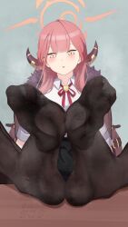 1girl artist_name aru_(blue_archive) black_pantyhose blue_archive blush chikora coat coat_on_shoulders collared_shirt eyelashes feet feet_on_table foot_focus foot_pussy foreshortening fur_collar grey_background halo highres horns long_hair looking_at_viewer neck_ribbon no_shoes open_mouth paid_reward_available pantyhose pink_hair pink_halo red_coat red_ribbon ribbon shirt simple_background sitting smell soles solo spread_toes steaming_body toes white_shirt