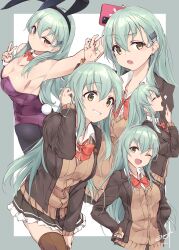 Rule 34 | animal ears, aqua eyes, aqua hair, blazer, blush, bow, bowtie, breasts, brown jacket, brown skirt, cardigan, cellphone, detached collar, earrings, fake animal ears, frilled skirt, frills, green background, green nails, hair ornament, hairclip, highres, jacket, jewelry, kantai collection, large breasts, leotard, long hair, looking at viewer, minosu, multiple persona, one eye closed, open cardigan, open clothes, open mouth, orange bow, orange bowtie, pantyhose, phone, playboy bunny, pleated skirt, purple leotard, rabbit ears, red bow, red bowtie, school uniform, selfie, shirt, skirt, smartphone, smile, solo, strapless, strapless leotard, suzuya (kancolle), suzuya kai ni (kancolle), thighhighs, white background