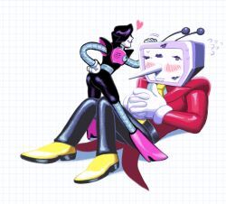 2boys android ant_tenna arm_behind_back black_hair black_pants blush boots commentary crt deltarune english_commentary flying_sweatdrops gloves grid_background headpat kambingpersik lipstick_mark lipstick_mark_on_face mechanical_arms mechanical_legs mettaton mettaton_ex multiple_boys necktie object_head pants pink_boots pointy_nose shoes short_hair smile tailcoat undertale white_background white_gloves yellow_necktie yellow_shoes