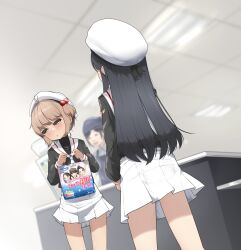 black_hair blush brown_hair cardcaptor_sakura clerk daidouji_tomoyo diaper embarrassed hair_bobbles hair_ornament hat innofance kinomoto_sakura loli long_hair school_uniform short_hair supermarket