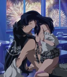 1boy 1girl black_hair bra bra_pull breasts classroom closed_eyes clothes_pull commentary english_commentary fireworks from_side girl_on_top grey_necktie grey_pants grey_skirt hetero highres higurashi_kagome indoors inuyasha inuyasha_(character) long_hair medium_breasts miniskirt necktie nipples official_alternate_hair_color panties panties_around_leg pants pants_pull pink_panties plaid_clothes plaid_skirt pleated_skirt polka_dot polka_dot_bra polka_dot_panties skirt straight_hair striped_necktie taisana topless_female underwear undressing very_long_hair watch wristwatch