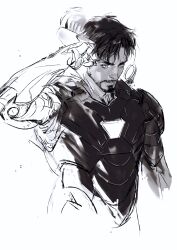 Rule 34 | 1boy, arc reactor, armor, closed mouth, facial hair, full armor, greyscale, hand up, helmet, highres, iron man, iron man (series), looking at viewer, male focus, malkogromit, marvel, marvel cinematic universe, monochrome, power armor, short hair, simple background, sketch, solo, superhero costume, tony stark, upper body, v-shaped eyebrows