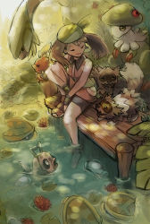 1girl :d bandana barboach bare_legs bare_shoulders barefoot berry berry_(pokemon) between_legs bike_shorts black_shorts breloom brown_hair closed_eyes collared_shirt dock eyebrows fanny_pack feebas flower food fruit gen_2_pokemon gen_3_pokemon hand_between_legs highres leg_up liezl_ronquillo lily_pad long_hair lotad may_(pokemon) nature nintendo open_mouth oran_berry orange_shirt orange_shoes outdoors partially_submerged pier plant pokemon pokemon_(creature) pokemon_emerald pokemon_rse ripples shirt shoes shorts single_shoe sitting sleeveless sleeveless_shirt smile soaking_feet torchic tropius water wristband zigzagoon