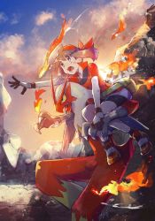 1girl bad_id bad_pixiv_id bandana bike_shorts black_gloves black_legwear black_shorts blaziken brown_eyes brown_hair carrying fire gen_3_pokemon gloves hanenbo highres jacket may_(pokemon) miniskirt nintendo open_mouth outdoors outstretched_arm pokemon pokemon_(creature) pokemon_rse red_bandana red_footwear red_jacket short_hair_with_long_locks short_shorts short_sleeves shorts shorts_under_skirt skirt socks standing twintails white_skirt