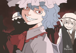 Rule 34 | 4girls, ascot, black wings, clone, collared shirt, commentary request, demon wings, flandre scarlet, four of a kind (touhou), frilled shirt collar, frills, grey shirt, grin, hat, looking at viewer, mob cap, multiple girls, onikobe rin, parody, red ascot, red background, red eyes, remilia scarlet, resident evil, resident evil village, sharp teeth, shirt, short hair, smile, solo focus, teeth, touhou, upper body, vest, white hat, wings