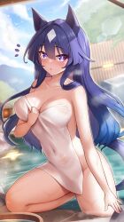 1girl absurdres alternate_costume animal_ears blue_hair blurry blurry_background blush breasts cleavage closed_mouth collarbone commentary_request groin hair_between_eyes hair_ornament highres horse_girl large_breasts looking_at_viewer mole mole_under_eye navel onsen shinonome_(shinonome_rynn) umamusume verxina_(umamusume) water