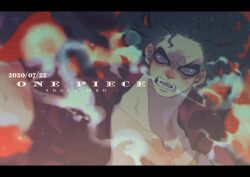 Rule 34 | 1boy, alternate form, black hair, collared shirt, commentary request, copyright name, dated, gear fourth, gear fourth: snakeman, letterboxed, looking at viewer, male focus, medium hair, monkey d. luffy, one piece, open mouth, ovasayuri, red shirt, scar, scar on chest, scar on face, shirt, smoke, solo, twitter username, upper body, veins