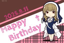 Rule 34 | 1girl, artist name, assault lily, blue dress, blue veil, blush, bow, bowtie, brown background, brown hair, closed mouth, commentary request, dated, dress, drill hair, drill sidelocks, full body, hand on own arm, hand up, happy birthday, highres, hotaru (ultraroly poly), long hair, long sleeves, looking at viewer, nun, pink background, plaid background, red eyes, shirt, sidelocks, smile, solo, standing, toride suzanne reika, veil, waist cape, white background, white bow, white bowtie, white shirt, wide sleeves
