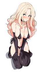 1girl bikini black_bikini black_choker black_gloves black_thighhighs blonde_hair blush breasts choker collarbone elbow_gloves full_body gakuen_idolmaster gloves grey_eyes highres idolmaster juo_sena kneeling large_breasts long_hair looking_at_viewer multicolored_hair paid_reward_available parted_lips pink_hair seihekiog side-tie_bikini_bottom solo streaked_hair swimsuit thighhighs thighs white_background