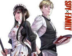 Rule 34 | 1boy, 1girl, apron, black bow, black bowtie, black dress, black hair, black pants, black vest, blonde hair, blood, blood on cheek, blood on clothes, blue eyes, bow, bowtie, breasts, closed mouth, collared shirt, commentary, copyright name, dress, english commentary, feet out of frame, hand in pocket, henoopd, highres, holding, holding mop, holding plate, juliet sleeves, lips, long hair, long sleeves, looking to the side, maid, maid apron, maid headdress, medium breasts, mop, pants, parted lips, pink lips, plate, puffy sleeves, red eyes, red nails, shirt, short hair, sidelocks, simple background, spy x family, twilight (spy x family), vest, white apron, white background, white headdress, white shirt, yor briar