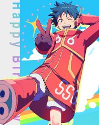 1boy arm_behind_head birthday black_gloves black_hair blue_sky boots cloud cloudy_sky coat commentary english_commentary facial_scar foot_out_of_frame fur-trimmed_shorts fur_trim gloves happy_birthday headphones highres light_blush long_sleeves looking_at_viewer lucis0407 male_focus monkey_d._luffy official_alternate_costume one_eye_closed one_piece open_mouth rainbow red_boots red_coat scar scar_on_cheek scar_on_face short_hair shorts sky solo sparkle teeth v yellow_shorts