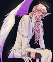 1boy black_thighhighs blonde_hair blooming_panic cassock colored_tips feathered_wings glasses gloves hair_over_shoulder halo highres leaning_forward looking_at_viewer male_focus multicolored_hair nakedtoaster open_mouth sadlad03 sitting solo thigh_cuffs thighhighs white_gloves white_wings wings yellow_eyes zettai_ryouiki