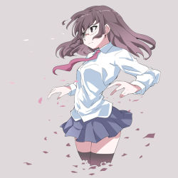 1girl black_thighhighs brown_hair female_focus glasses kubocha long_hair necktie original simple_background skirt solo thighhighs