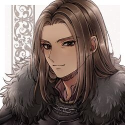 1boy armor brown_eyes brown_hair chain commentary_request dragon_quest dragon_quest_x fur_shawl kuro11_222 long_hair looking_at_viewer looking_to_the_side lowres male_focus mature_male padre_(dq10) parted_hair portrait shawl smile solo white_background