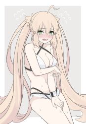 1girl @_@ ahoge artoria_caster_(fate) artoria_caster_(swimsuit_berserker)_(fate) artoria_caster_(swimsuit_berserker)_(first_ascension)_(fate) artoria_pendragon_(fate) bikini blonde_hair breasts cleavage commentary_request covering_crotch covering_privates criss-cross_halter embarrassed fate/grand_order fate_(series) flying_sweatdrops green_eyes halterneck highres long_hair medium_breasts navel nervous_sweating panties solo string_panties suzuakks sweat swimsuit tearing_up tears twintails very_long_hair white_bikini wristband