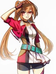 absurdres ahoge antenna_hair bike_shorts breasts brown_hair cowboy_shot cropped_jacket crossed_bangs double-parted_bangs eiyuu_densetsu estelle_bright fingerless_gloves floating_hair gloves hair_between_eyes highres long_hair looking_at_viewer madou_zakura medium_breasts open_mouth pendant_choker red_eyes short_sleeves shorts simple_background smile sora_no_kiseki twintails white_background