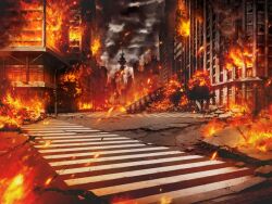 Rule 34 | artist request, building, bush, cityscape, cloud, cloudy sky, crack, crosswalk, day, embers, fire, game cg, lamppost, magia record: mahou shoujo madoka magica gaiden, mahou shoujo madoka magica, no humans, official art, outdoors, radio tower, road, ruins, scenery, sidewalk, sky, skyscraper, storm, street