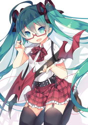 1girl :d ahoge aqua_eyes aqua_hair belt black_thighhighs bow fang female_focus garter_straps glasses guitar hair_ribbon hatsune_miku highres instrument long_hair open_mouth plaid_bow plaid_clothes plaid_skirt plectrum red-framed_eyewear ribbon saru semi-rimless_eyewear skirt smile solo thighhighs twintails under-rim_eyewear very_long_hair vocaloid