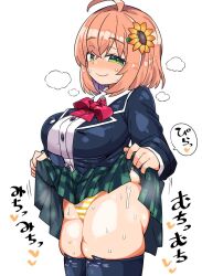 1girl ahoge black_thighhighs blush breath checkered_clothes checkered_skirt closed_mouth clothes_lift flower green_eyes green_skirt hair_flower hair_ornament heart heavy_breathing honma_himawari honma_himawari_(1st_costume) kanikama looking_at_viewer nijisanji panties pantyshot partially_visible_vulva pink_hair pleated_skirt presenting school_uniform short_hair skindentation skirt skirt_lift solo striped_clothes striped_panties sweat thick_thighs thighhighs thighs translation_request underwear upskirt virtual_youtuber yellow_panties