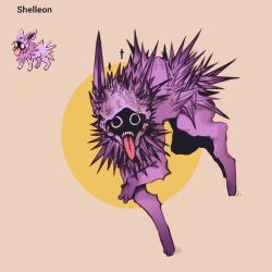 beige_background creature fusion gen_1_pokemon highres horror_(theme) jolteon leylenangel nintendo no_humans pixel_art pokemon pokemon_(creature) shell shellder simple_background spikes teeth tongue tongue_out
