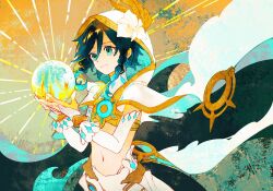 1boy aqua_eyes aqua_hair black_hair braid bridal_gauntlets capelet closed_mouth commentary_request crop_top flower genshin_impact gold_trim gradient_hair hair_between_eyes hands_up highres holding_orb hood hood_up hooded_capelet male_focus medium_hair midriff multicolored_hair navel official_alternate_costume orb shirt side_braids smile solo stomach turtleneck twin_braids udukinoiris venti_(archon)_(genshin_impact) venti_(genshin_impact) white_bridal_gauntlets white_capelet white_flower white_shirt