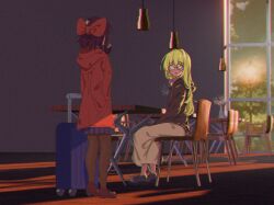 1girl 2girls alternate_costume black-framed_eyewear black_hoodie blonde_hair blurry blurry_background blush bow braid brown_hair brown_pantyhose brown_shoes brown_skirt chair commentary commentary_request cookie_(touhou) english_commentary full_body glasses hair_bow hakurei_reimu highres hood hood_down hoodie indoors kirisame_marisa long_hair looking_at_another multiple_girls mushroomsucy open_mouth pantyhose purple_bow purple_skirt red_bow red_hoodie reu_(cookie) semi-rimless_eyewear shoes short_hair side_braid single_braid sitting skirt standing table touhou under-rim_eyewear uzuki_(cookie) window yellow_eyes