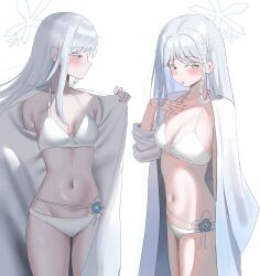 1girl absurdres bikini blue_archive blush braid breasts cleavage commentary_request halo halterneck hand_on_own_chest highres hum455 long_hair looking_at_viewer medium_breasts multiple_views nagusa_(blue_archive) nagusa_(swimsuit)_(blue_archive) navel official_alternate_costume robe simple_background single_braid stomach straight_hair swimsuit white_background white_bikini white_hair white_robe