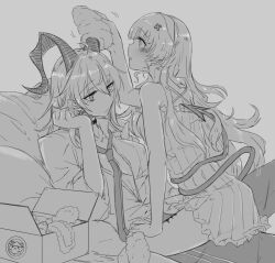 2girls aoi_(aoisaka) bare_arms blush box breasts choker cleavage closed_mouth coat commentary demon_tail dress earrings english_commentary greyscale hair_ornament highres horns jewelry key_earrings large_breasts long_hair mole mole_under_eye monochrome multiple_girls necktie open_clothes open_coat open_shirt pants parted_lips phoebe_(wuthering_waves) sitting sitting_on_lap sitting_on_person tail tail_around_waist wuthering_waves yuri zani_(wuthering_waves)