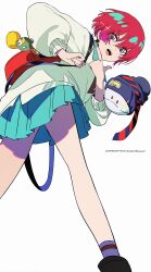 1girl absurdres amate_yuzuriha aqua_eyes bag blush breasts collared_shirt copyright_name ensign_(i_can_friday_by_day!) gundam gundam_gquuuuuux haro hat highres i_can_friday_by_day! kneepits long_sleeves looking_at_viewer looking_back necktie open_mouth red_hair school_bag school_uniform shirt short_hair simple_background skirt smile sweater white_background z3zz4