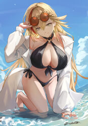 1girl alternate_costume beach bikini black_bikini blonde_hair blue_sky braid cloud coat front-tie_bikini_top front-tie_top grey_eyes hair_between_eyes halterneck highres kneeling leaning_forward long_hair long_sleeves multicolored_hair nahtnaught_(shadowverse) navel nos_(nos_tsn) o-ring o-ring_bikini o-ring_top partially_submerged puffy_long_sleeves puffy_sleeves round_eyewear shadowverse side-tie_bikini_bottom sky solo streaked_hair swept_bangs swimsuit white_coat